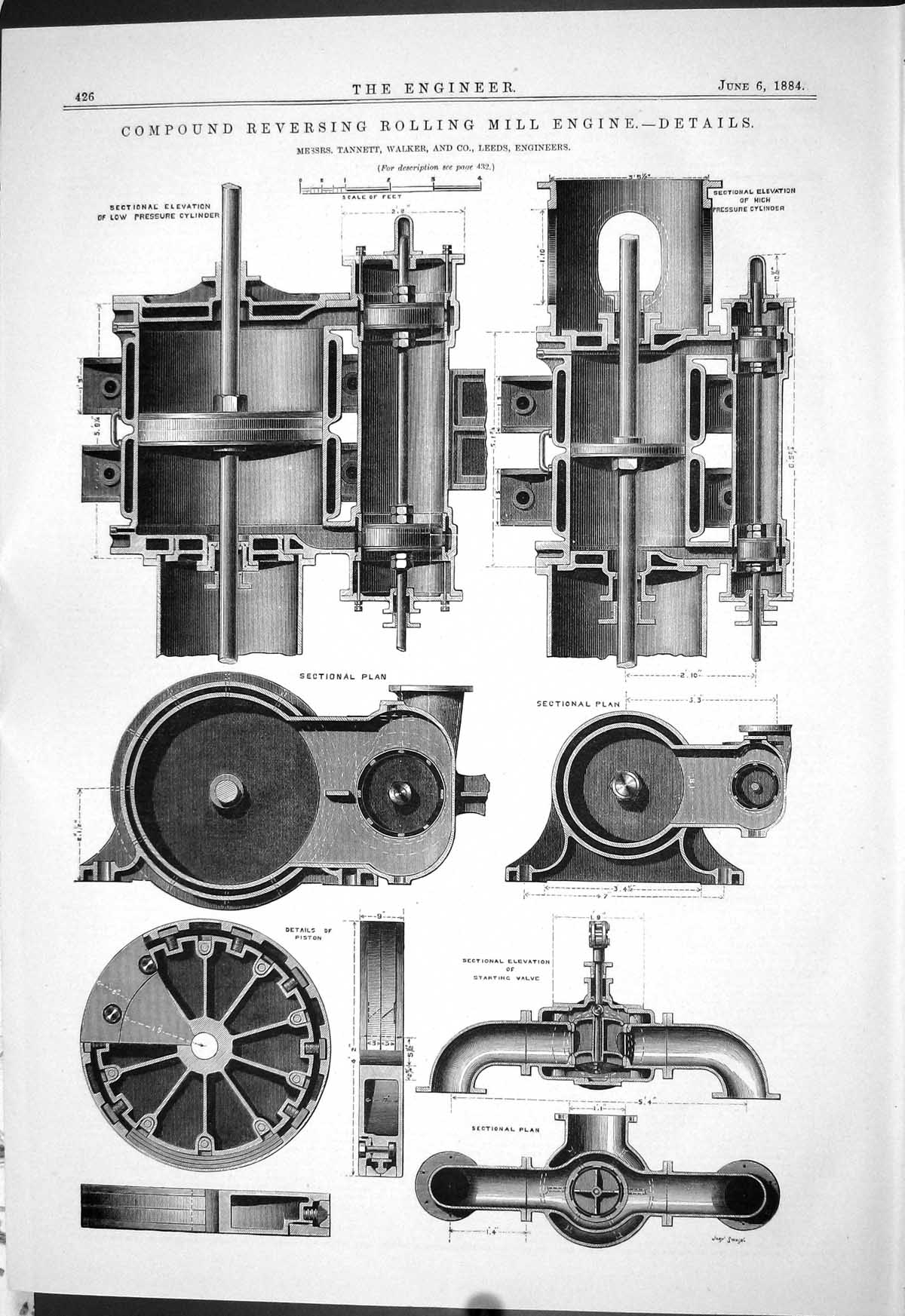 Antique Old Print Compound Reversing Rolling Mill Engine Tannett Walker 1884