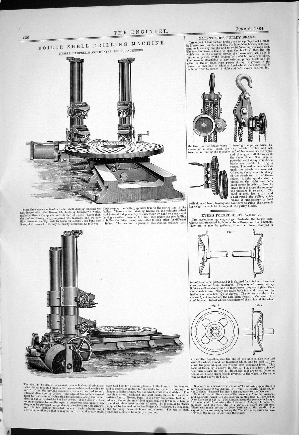 Old Print 1884 Boiler Shell Drilling Machine Campbells Hunter Rope Pulley 19th