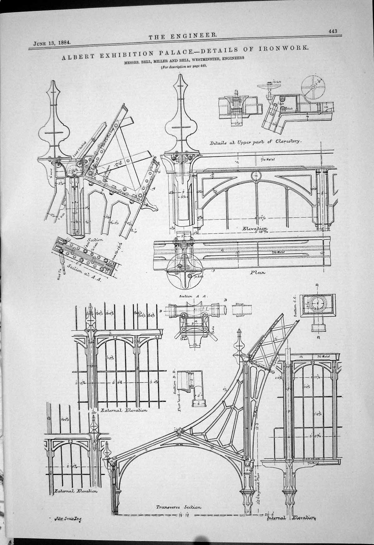 Antique Old Print 1884 Albert Exhibition Palace Ironwork Bell Miller Diagrams