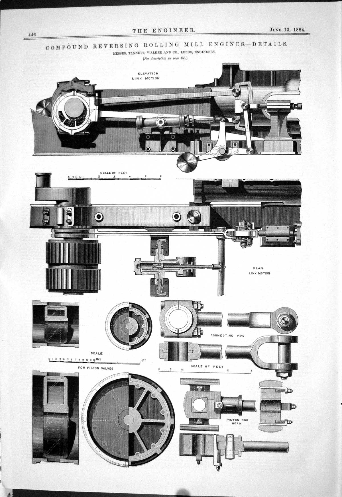 Antique Old Print 1884 Compound Reversing Rolling Mill Engines Tannett Walker