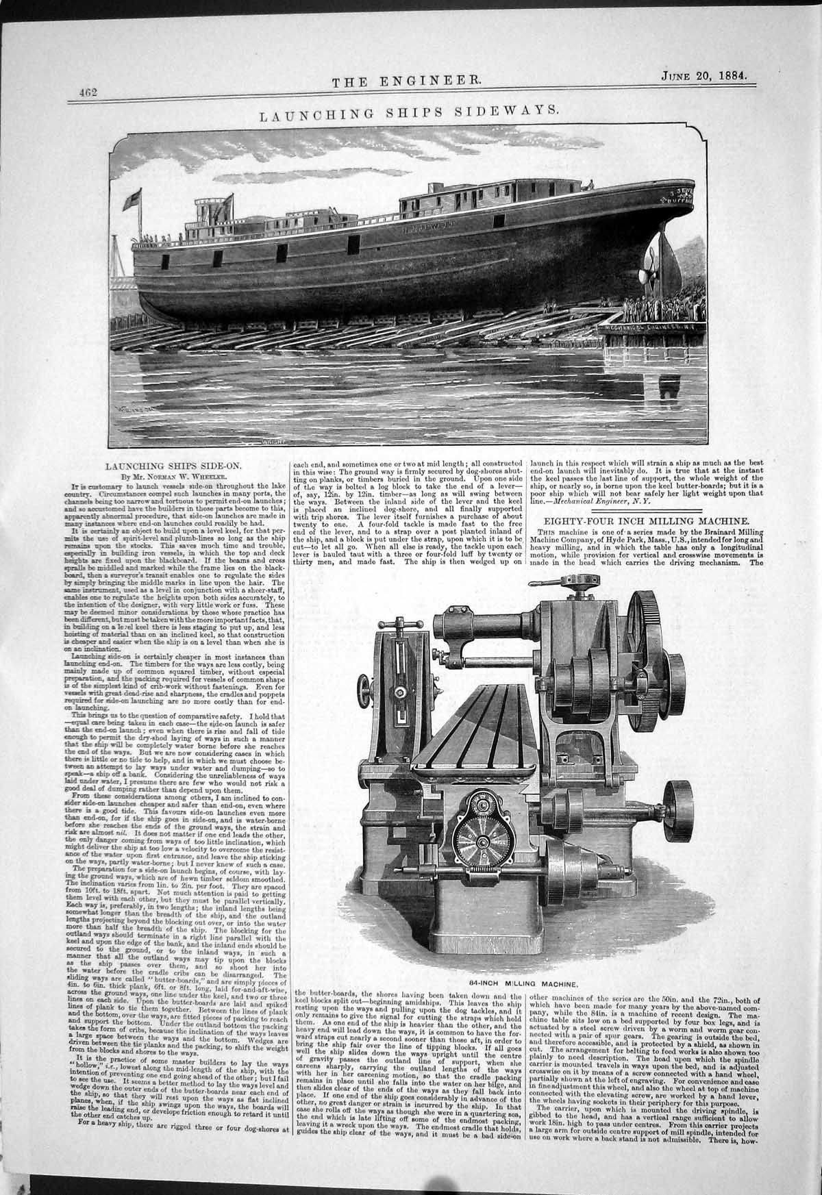 Antique Print Launching Ships Sideways Wheeler 1884 84-Inch Milling Machine