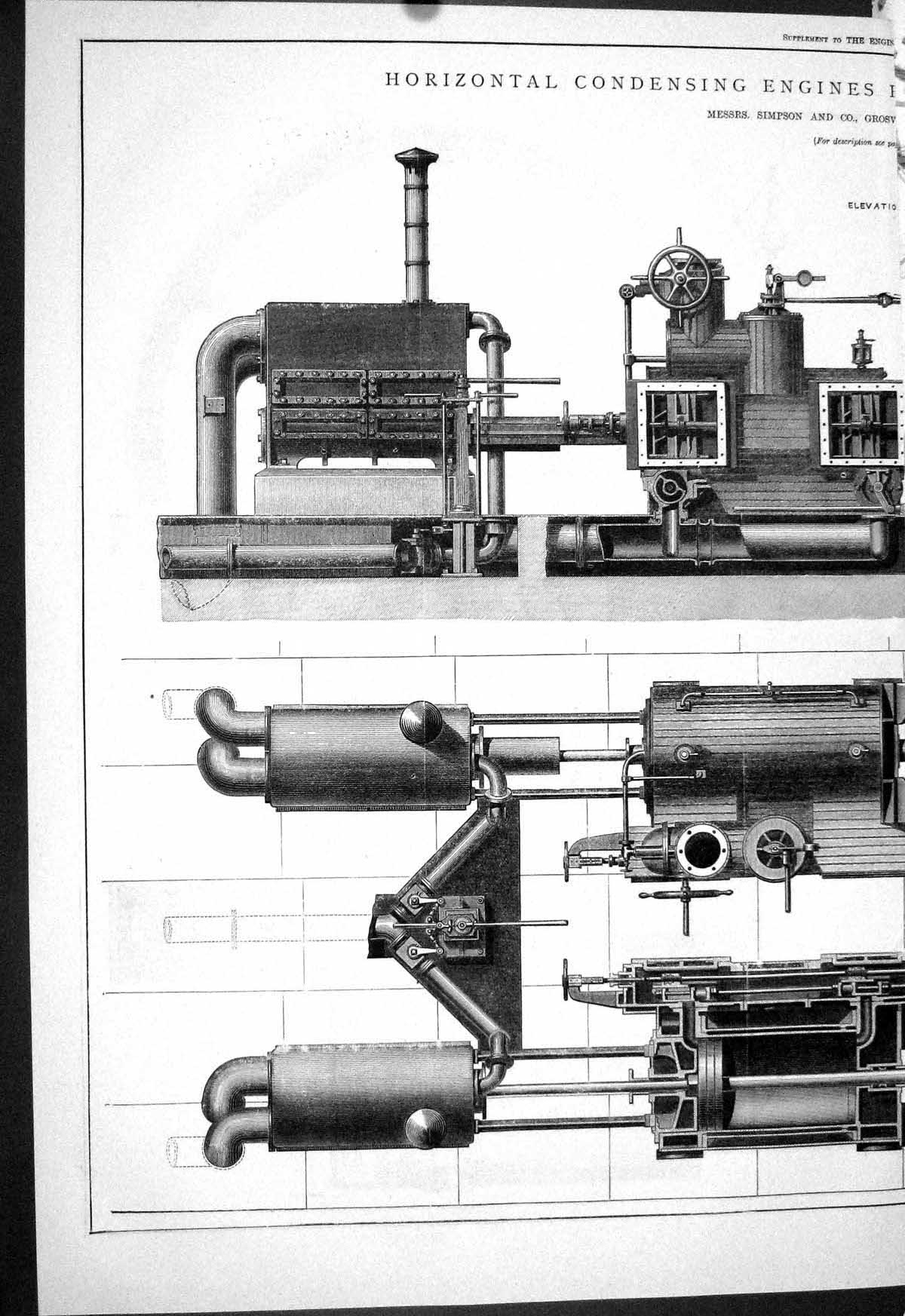 Old Print 1884 Condensing Engines Royal Arsenal Woolwich Simpson Pimlico 19th