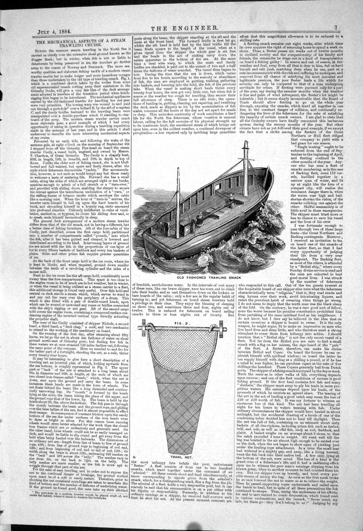 Antique Print *6230 Mechanical Aspects Steam Trawling Cruise Smack 1883 Net