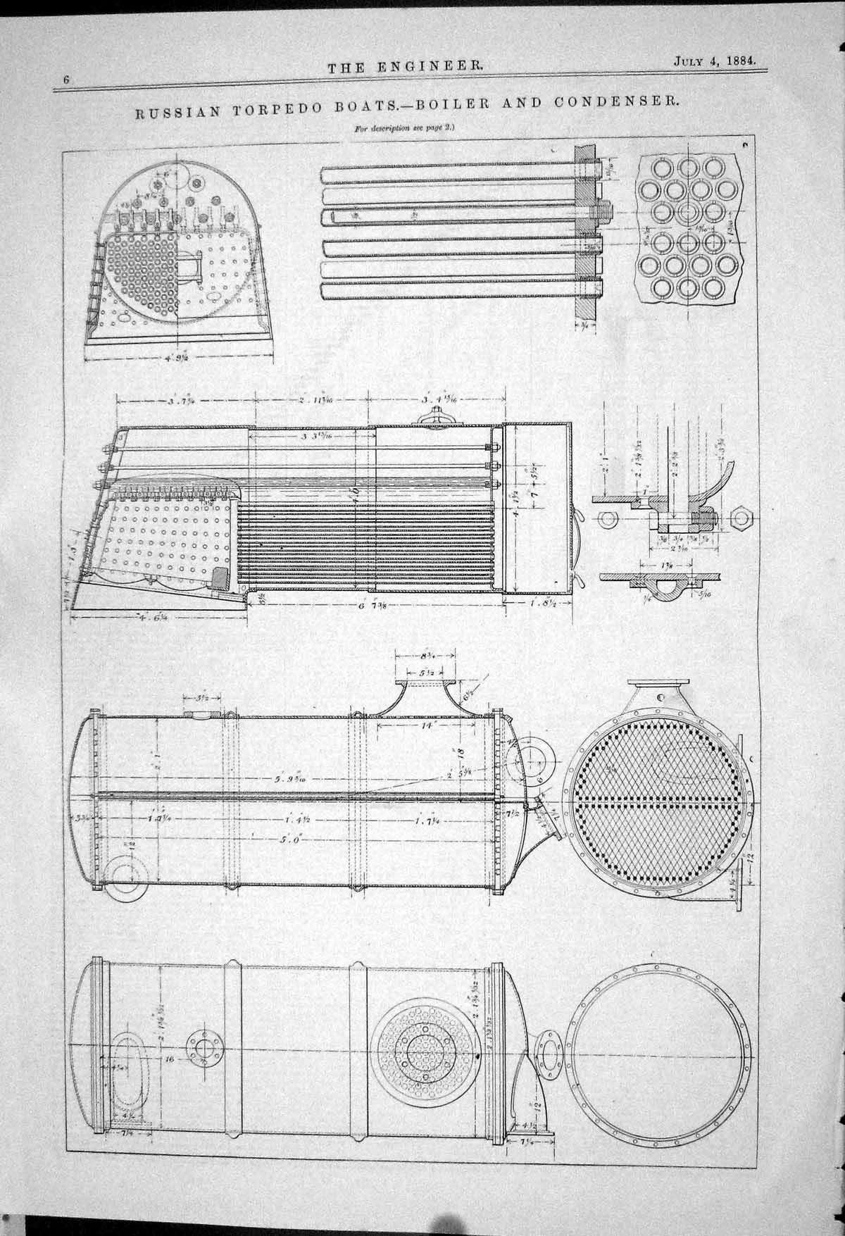 Old Print *6246 Russian Torpedo Boats Boiler Condenser Illustrations 1883