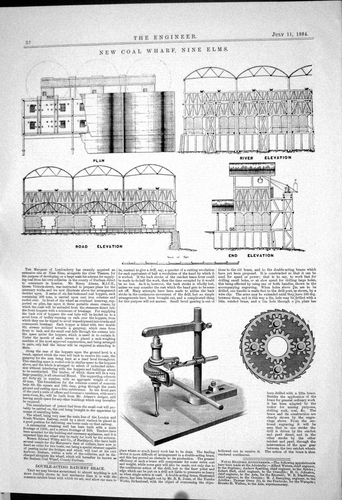 Old Print Coal Wharf Nine Elms Elevation Double-Acting Ratchet Brace 1883 19th