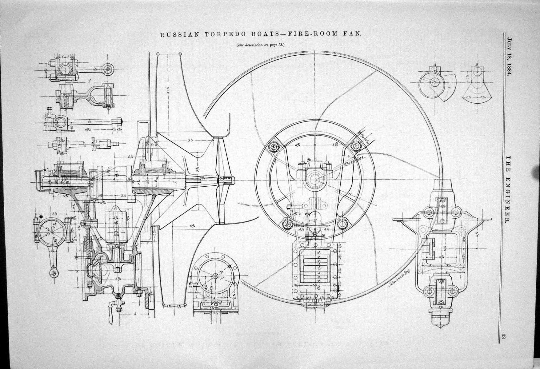 Antique Old Print Russian Torpedo Boats Fire-Room Fan 1883 Illustration Swain