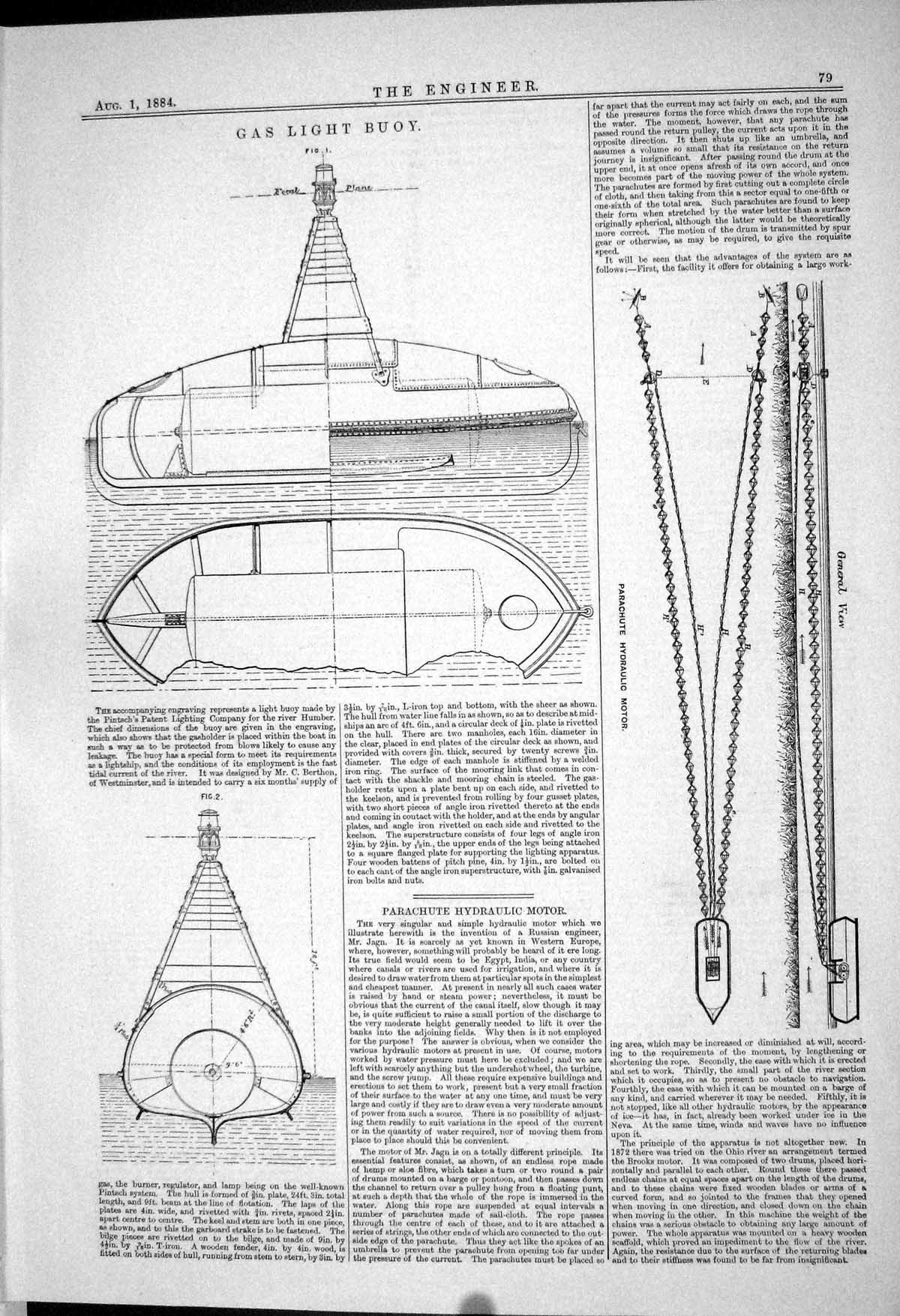 Old Print *6164 Gas Light Buoy Engineering Parachute Hydraulic Motor 1883