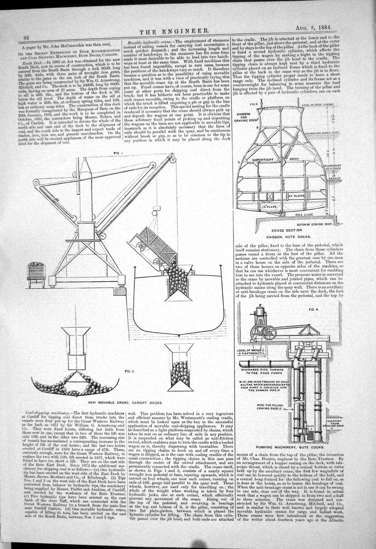 Old Print Movable Crane Cardiff Docks Caisson Bute Pumping Machinery 1883 19th