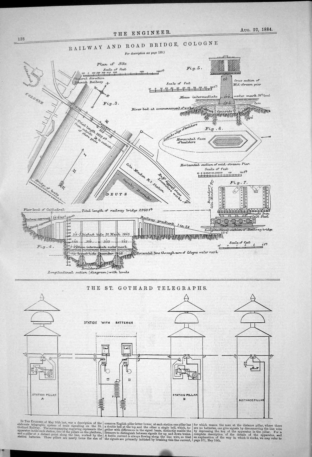 Antique Print Railway Road Bridge Cologne Gothard Telegraphs St. 1883 Plan 19th