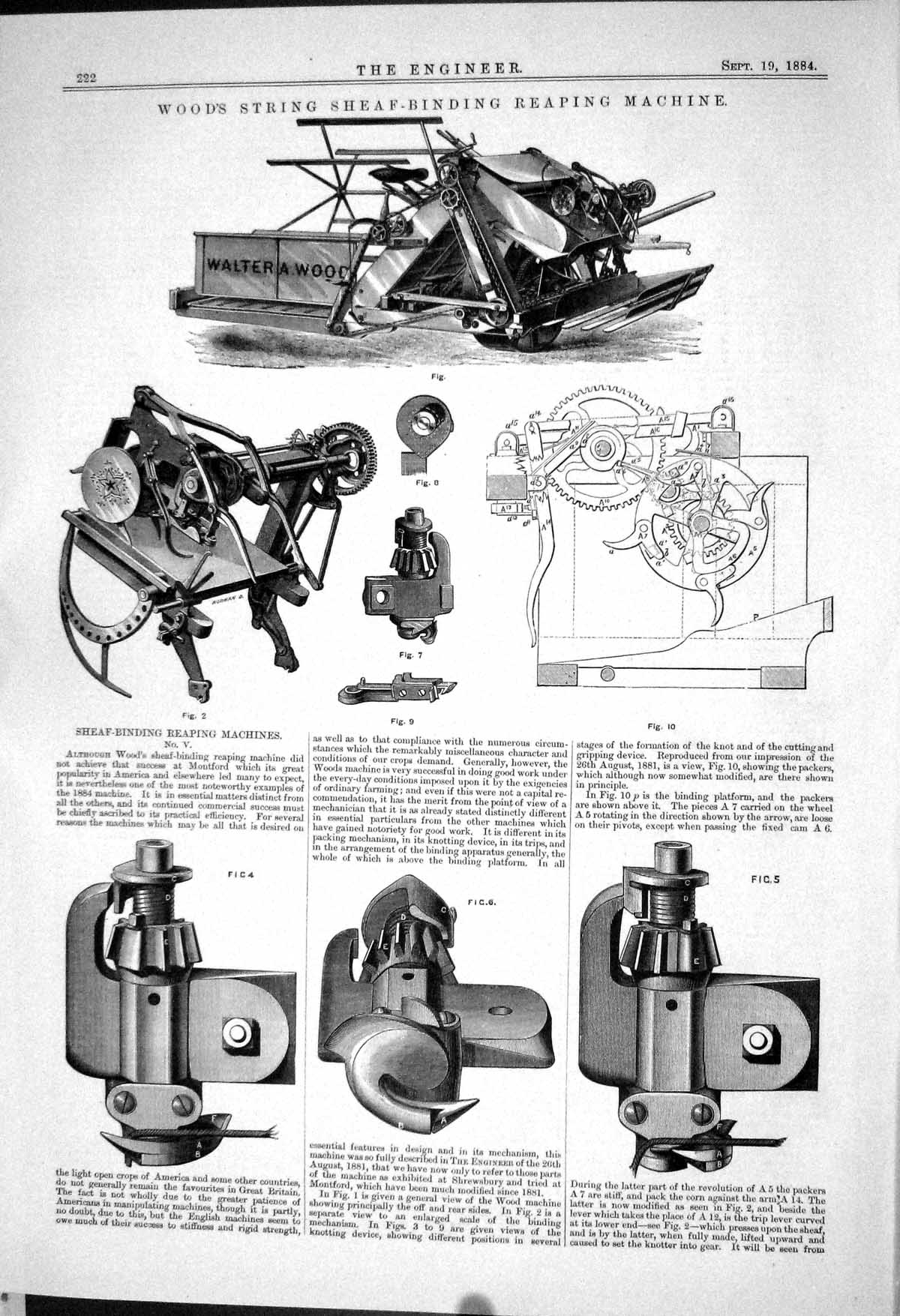 Old *6314 Wood String Sheaf-Binding Reaping Machine 1883 Illustration