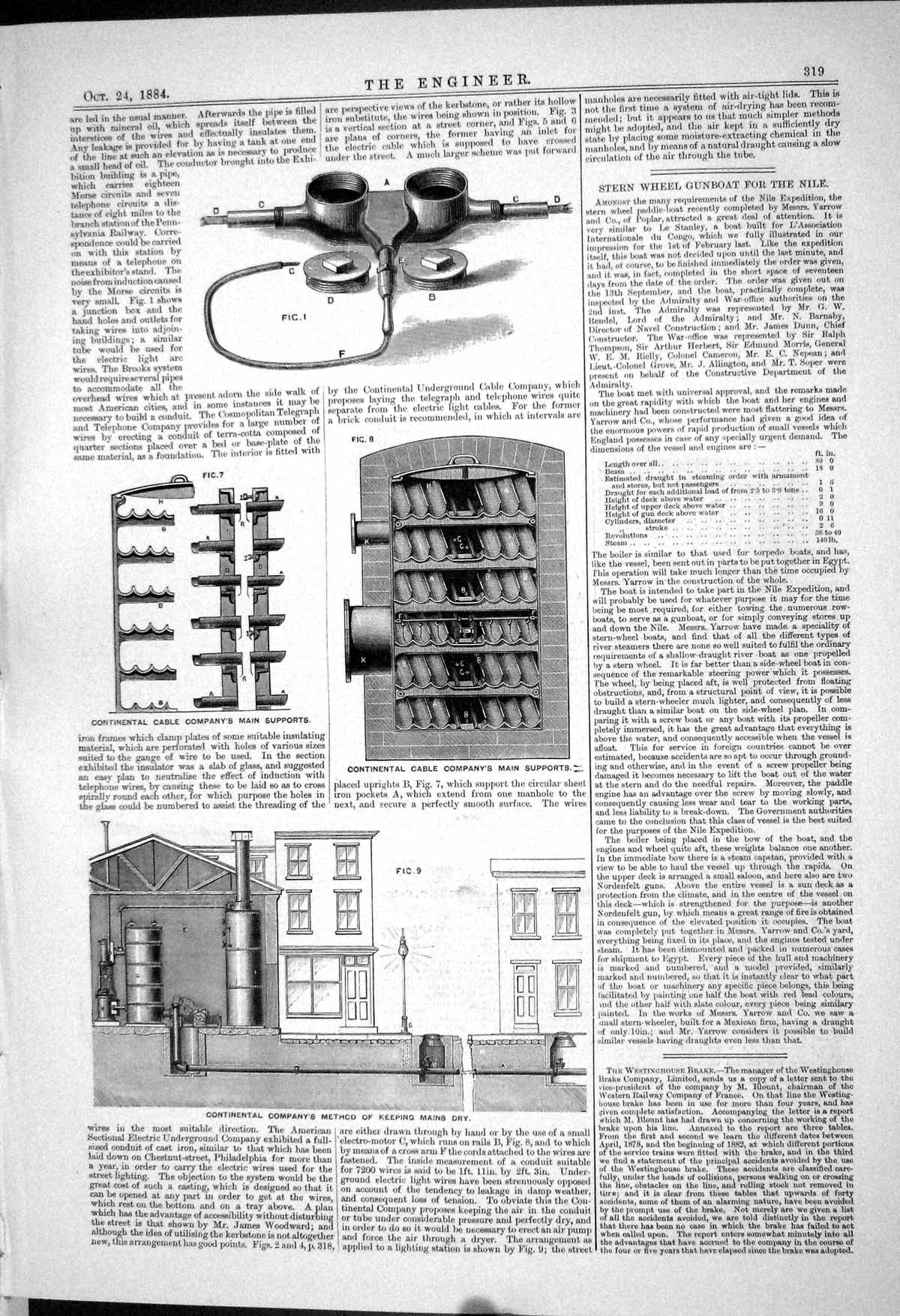Antique Print Continental Cable Company Main Supports Dry 1883 Gunboat Nile