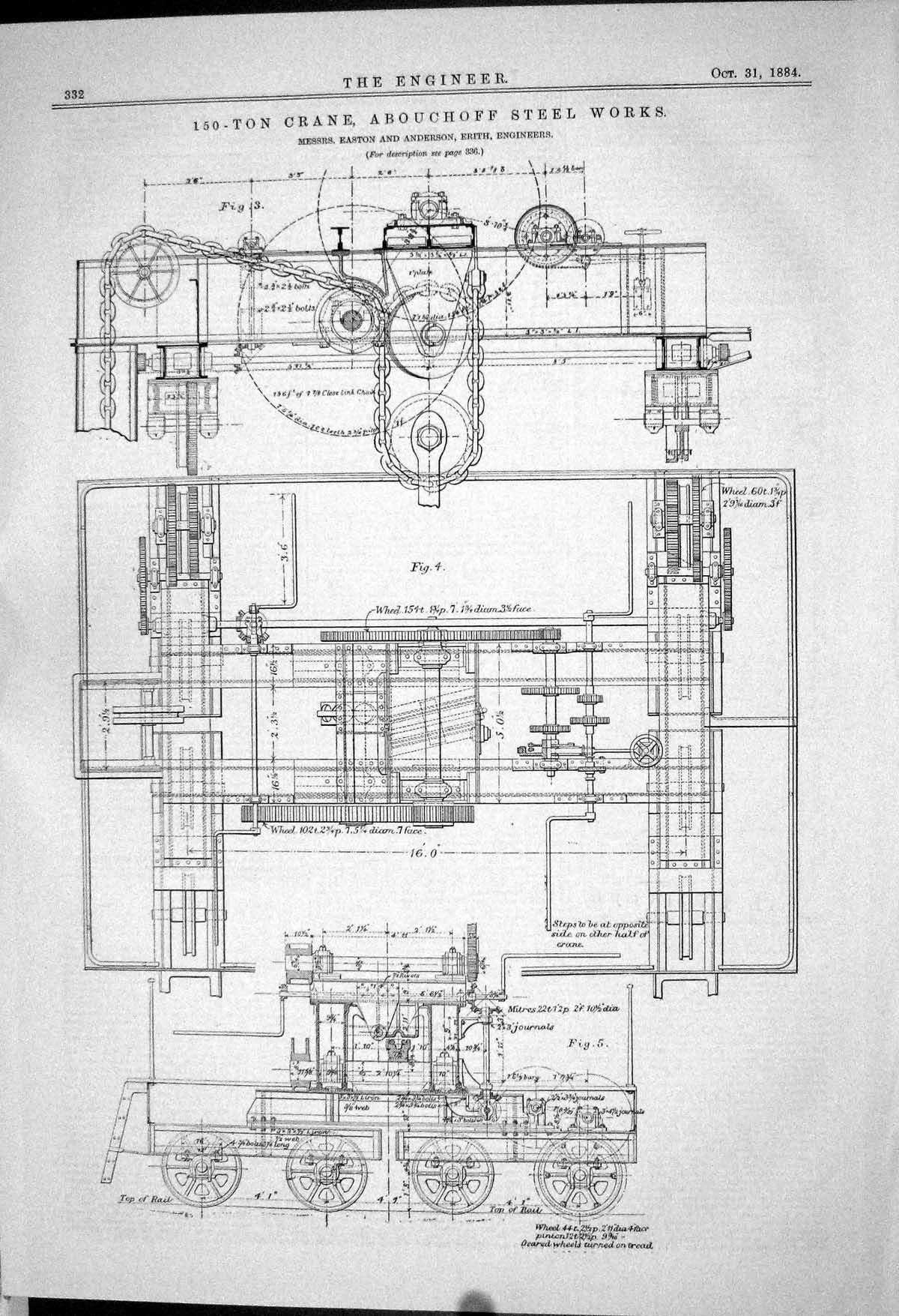 Old *6116 1883 150-Ton Crane Abouchoff Steel Works Plan Easton Anders