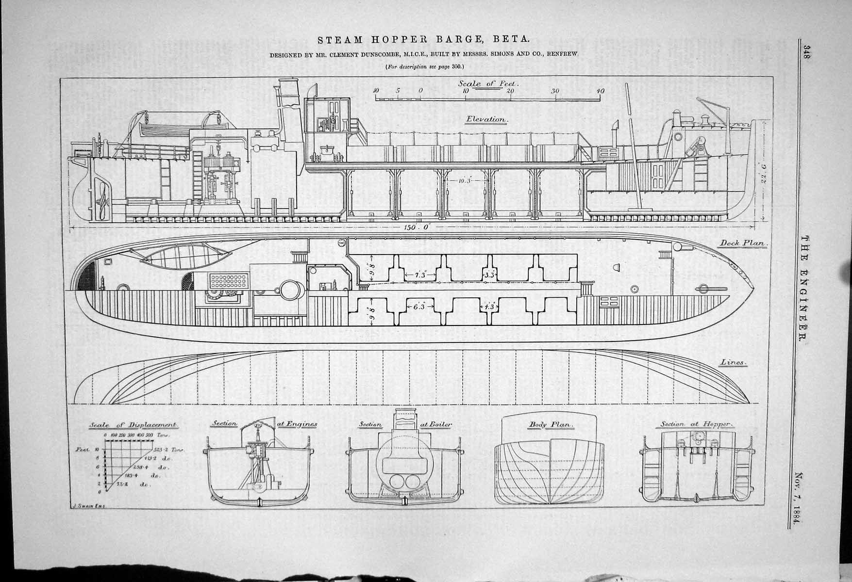 Old *6276 Steam Hopper Barge Beta Simons Renfrew Dunscombe Plan 1883