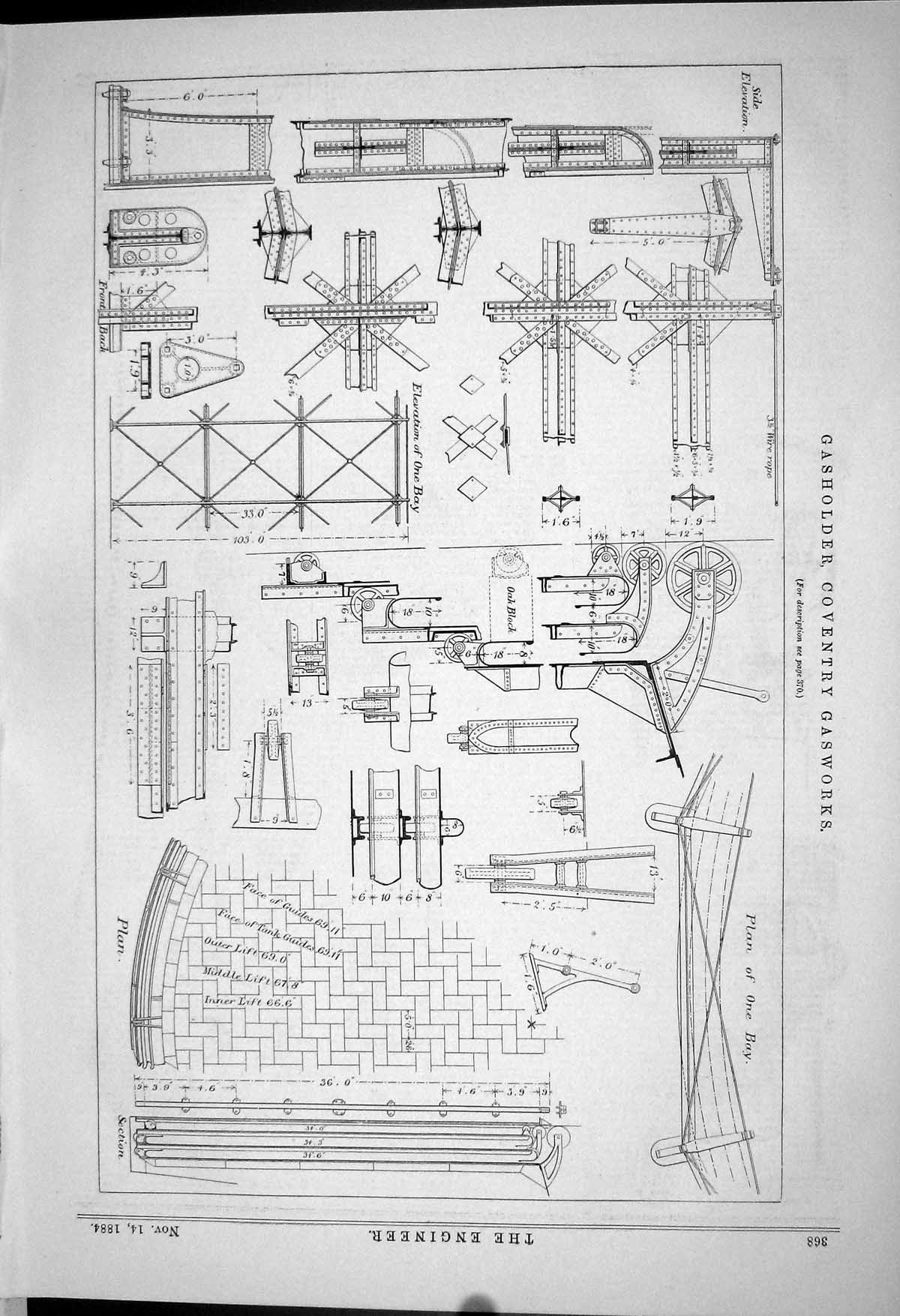 Antique Print *6166 Gasher Coventry Gasworks Engineering 1883 Plan Diagram