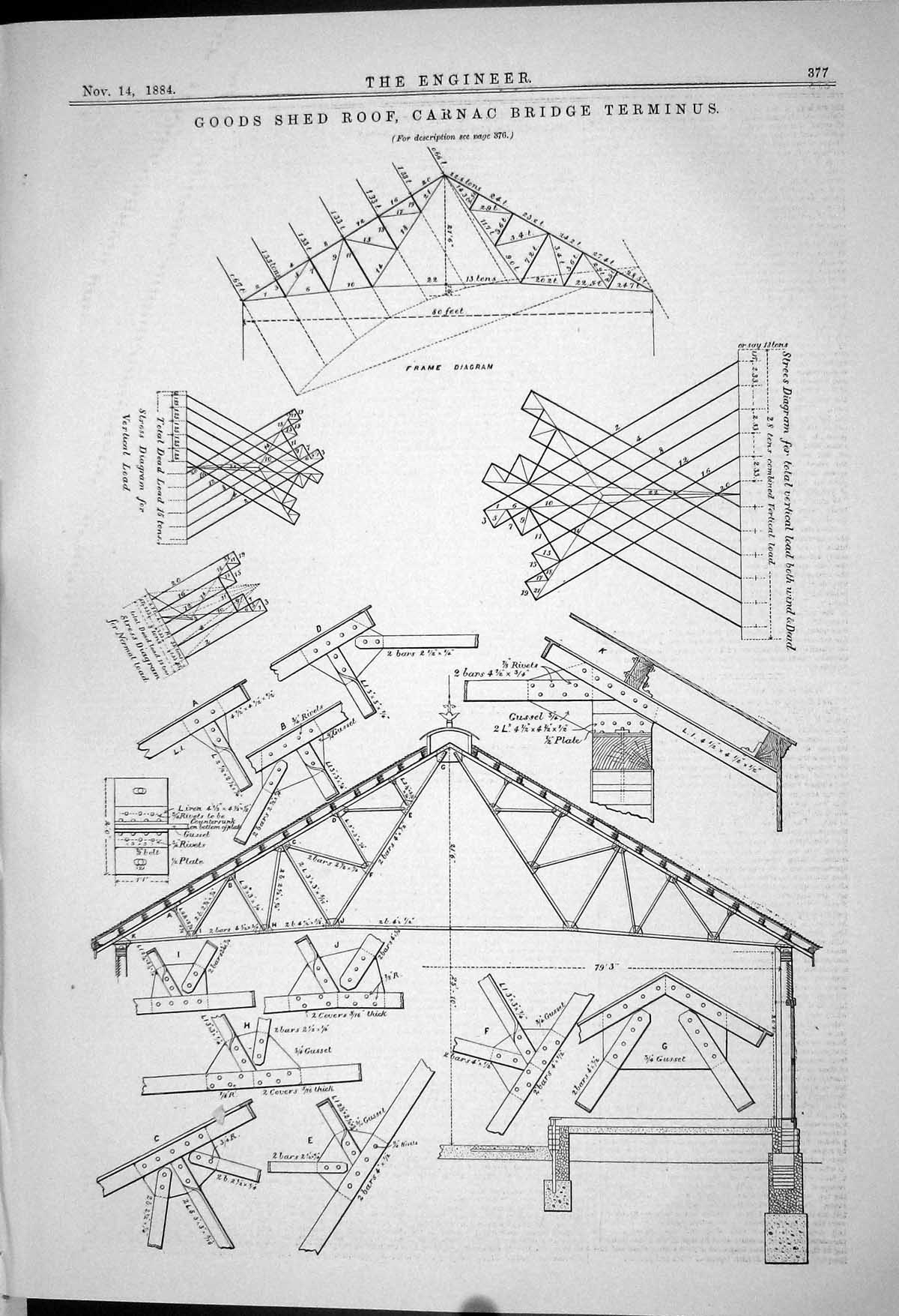 Antique Old Print *6266 Shed Rogoods Carnac Bridge Terminus 1883 Diagram Plan