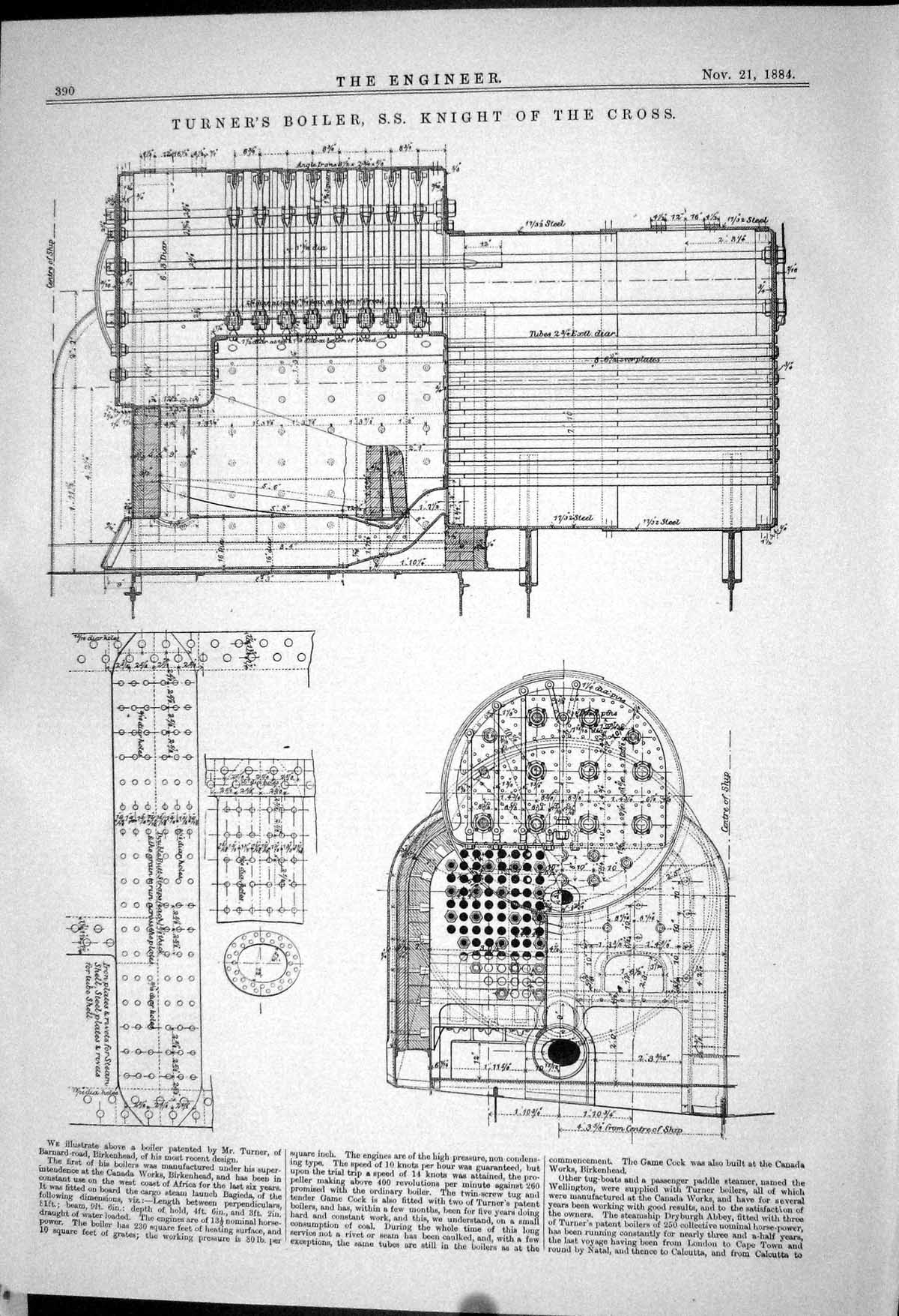 Old *6300 Turner Boiler Knight Cross Birkenhead 1883 Illustration Des