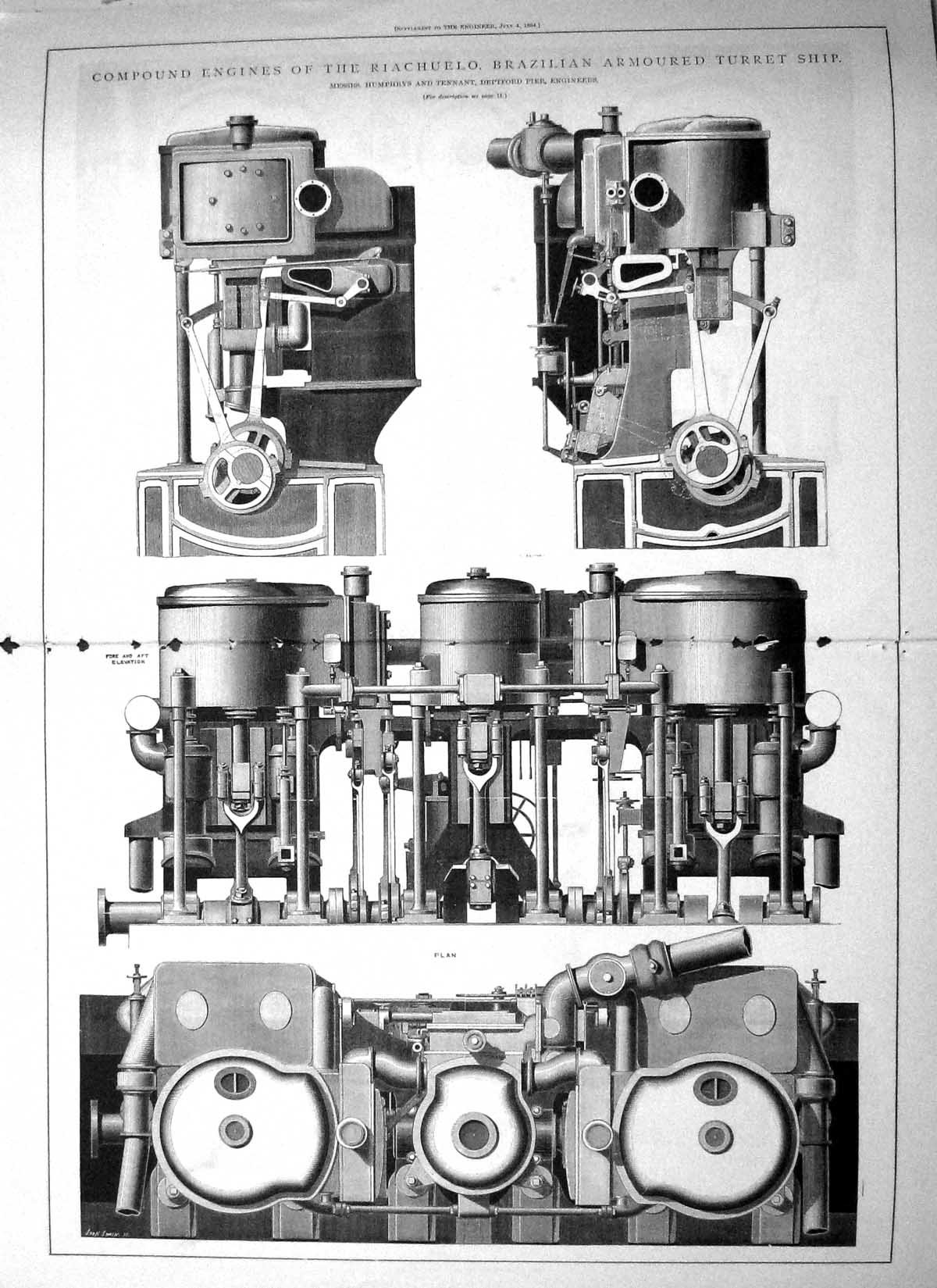 Old Print Compound Engines Riachuelo Brazilian Armoured Turret Ship 1883 19th