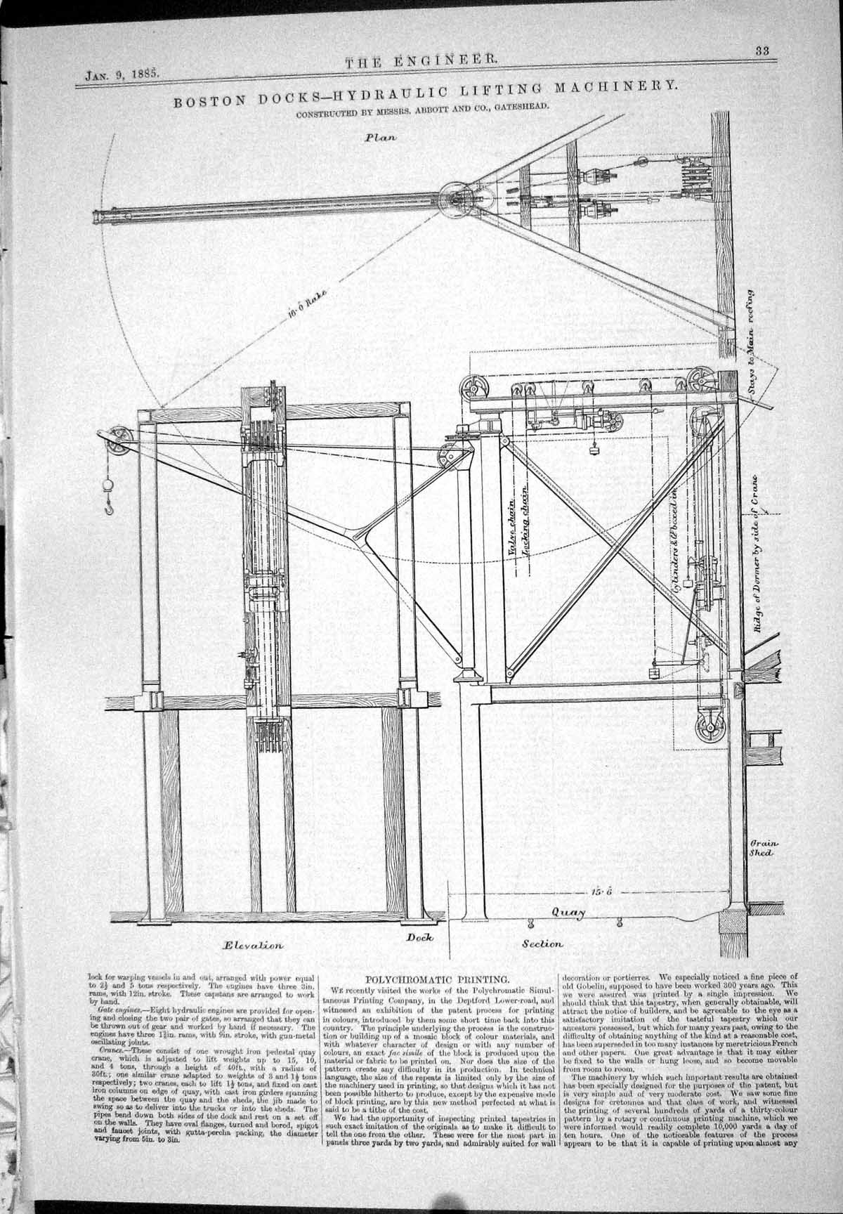 Old Print 1885 Boston Docks Hydraulic Lifting Machinery Abbott Coal Hoist 19th