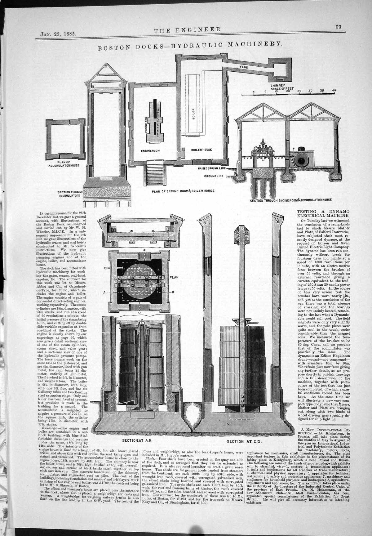 Old Print 1885 Boston Docks Hydraulic Machinery Plan Engine Boiler House 19th
