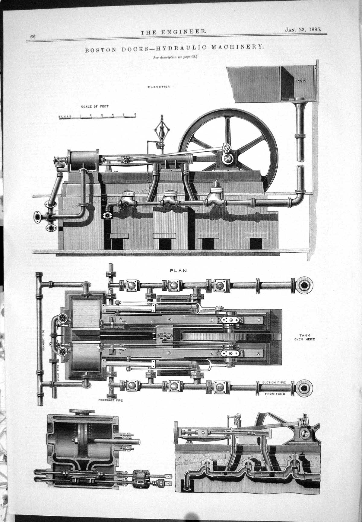 Antique Print 1885 Boston Docks Hydraulic Machinery Suction Pipe Tank Plan 19th