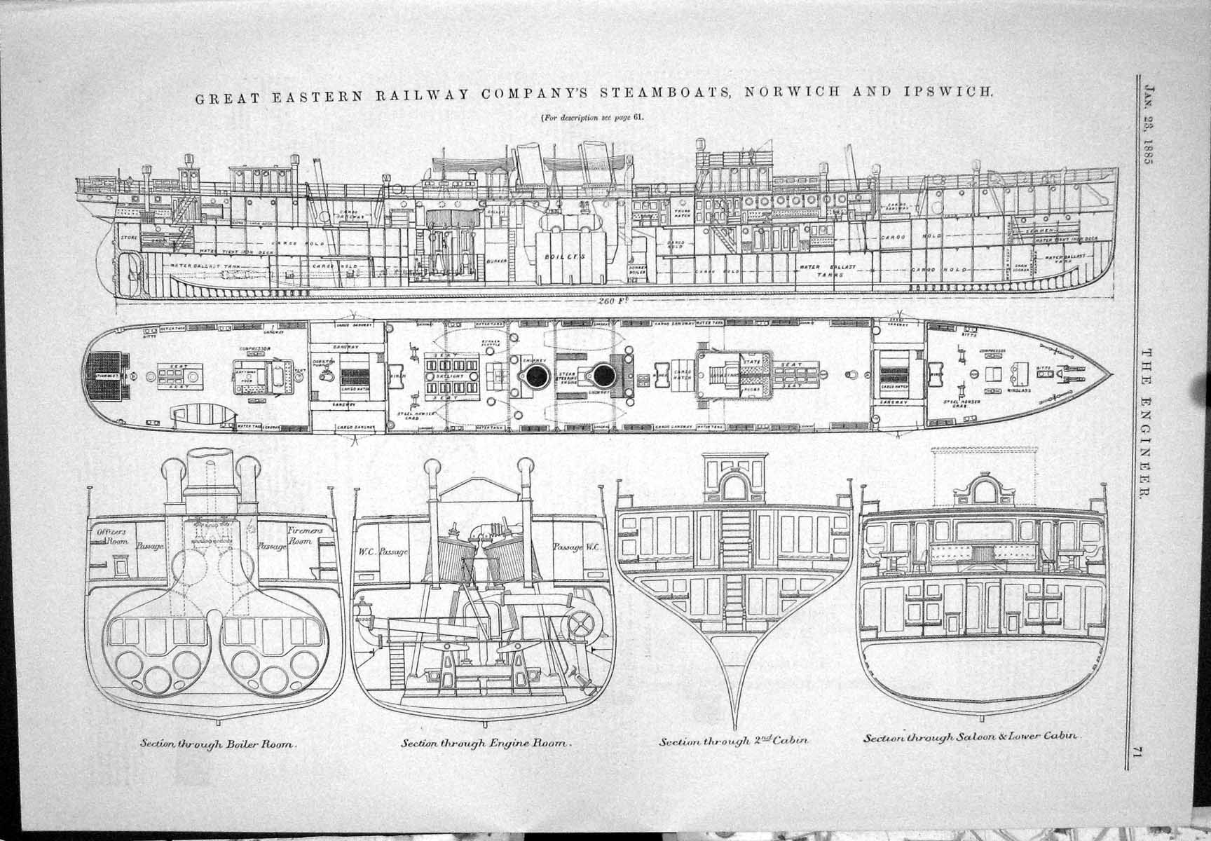 Old Print 1885 Eastern Railway Steamboats Norwich Ipswich Harland Newton 19th