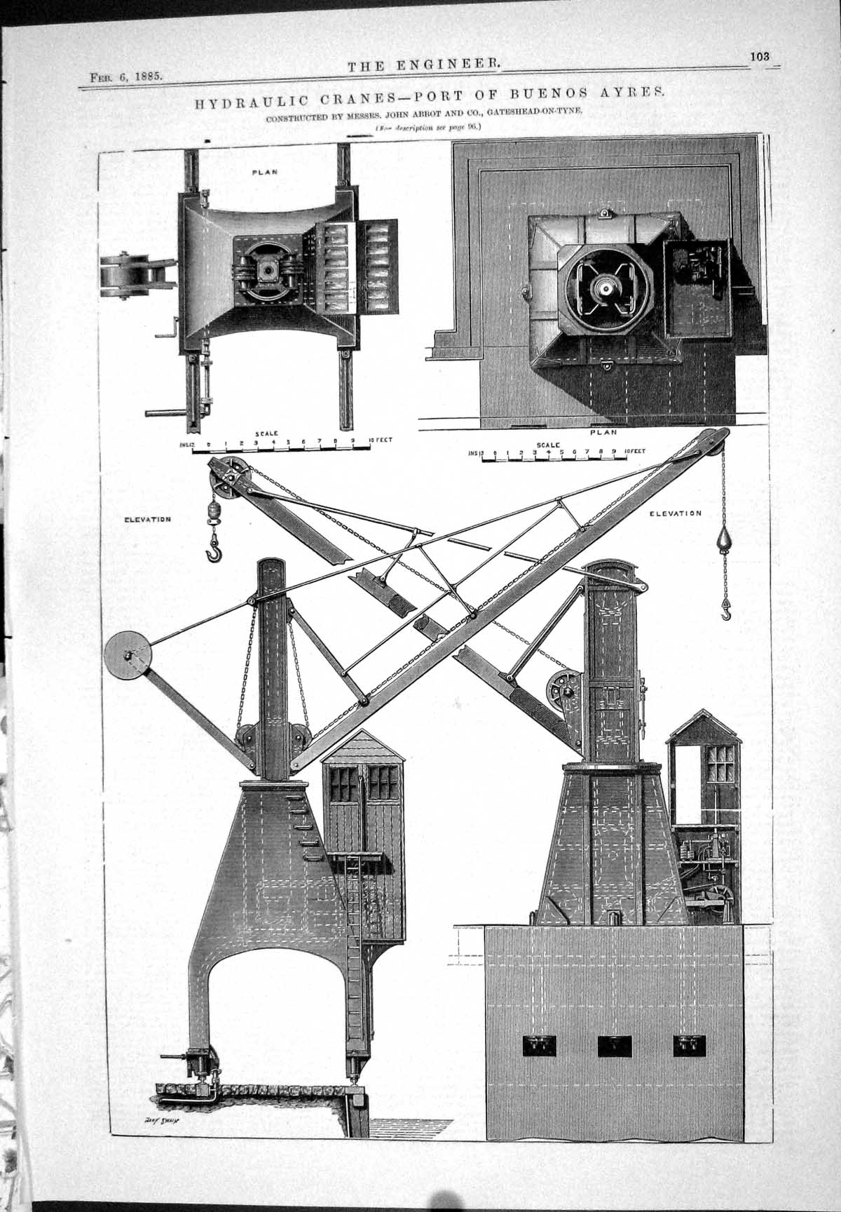Old Print 1885 Hydraulic Cranes Port Buenos Ayres John Abbot Active Guns 19th