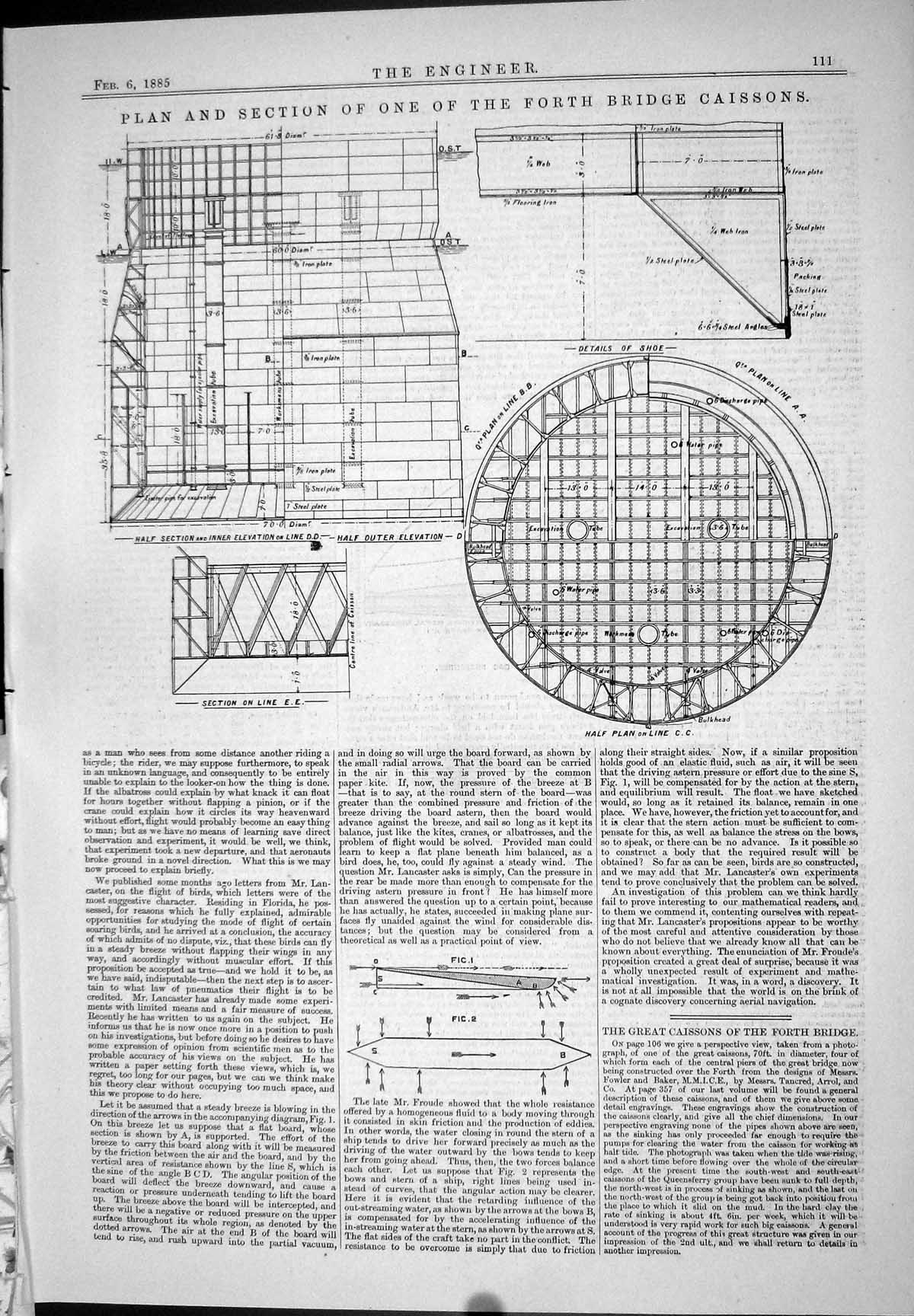 Old Print 1885 Plan Section Forth Bridge Caissons Anderson Gas Pressures 19th