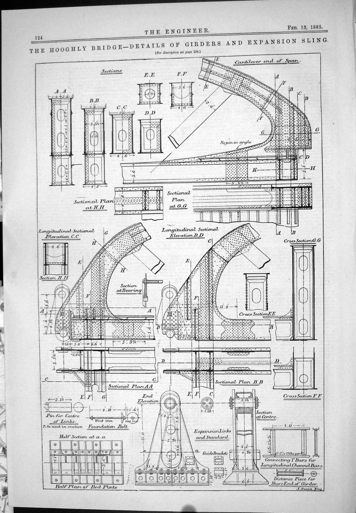 Antique Print 1885 Hooghly Bridge Details Girders Expansion Sling Diagrams 19th
