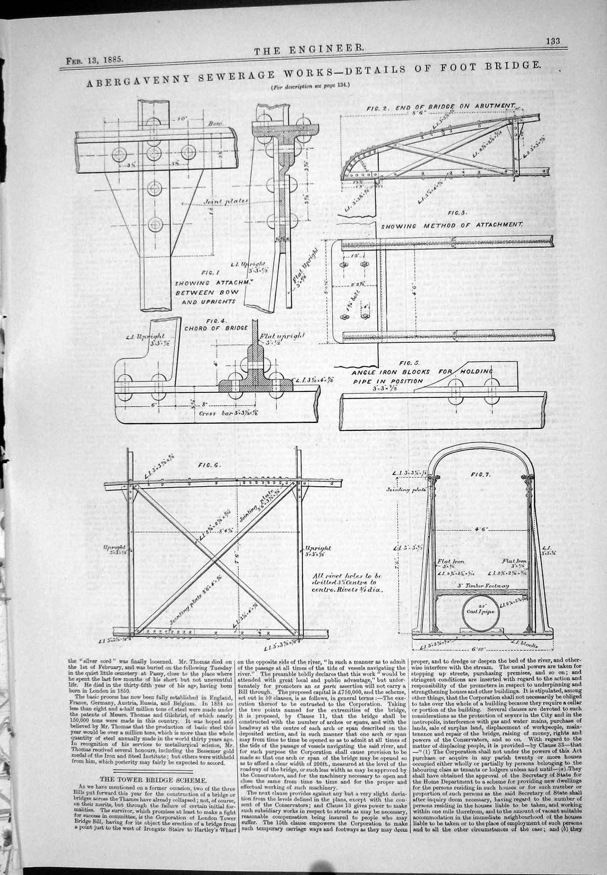 Antique Print 1885 Abergavenny Sewerage Details Foot Bridge Abutments Chord