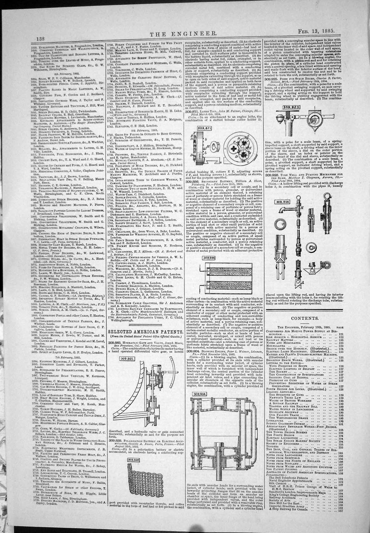 Antique Old Print American Patents 1885 Moore Faure Weimer Shaw Palmer Carter