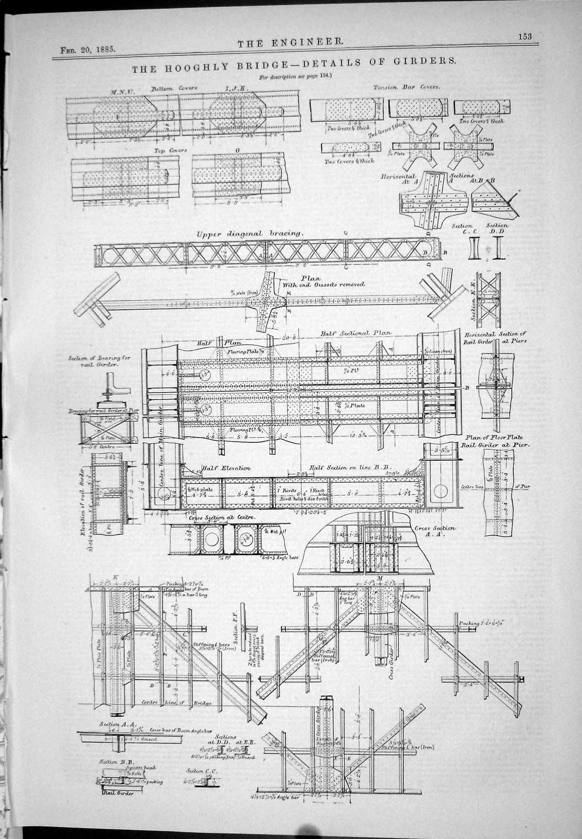 Antique Old Print Hooghly Bridge Details Girders 1885 Upper Diagonal Bracing