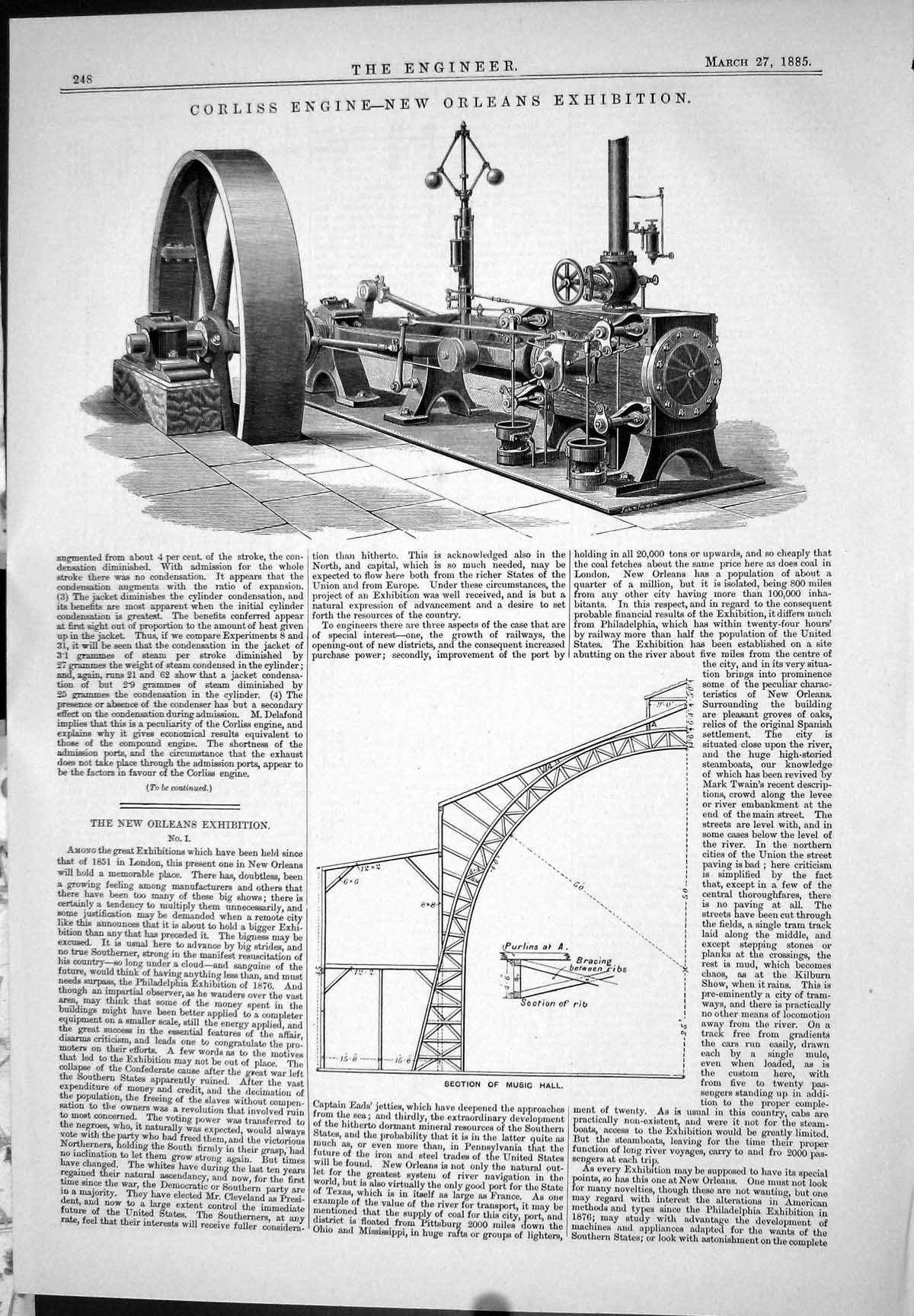 Antique Print 1885 Corliss Engine New Orleans Exhibition Section Music Hall