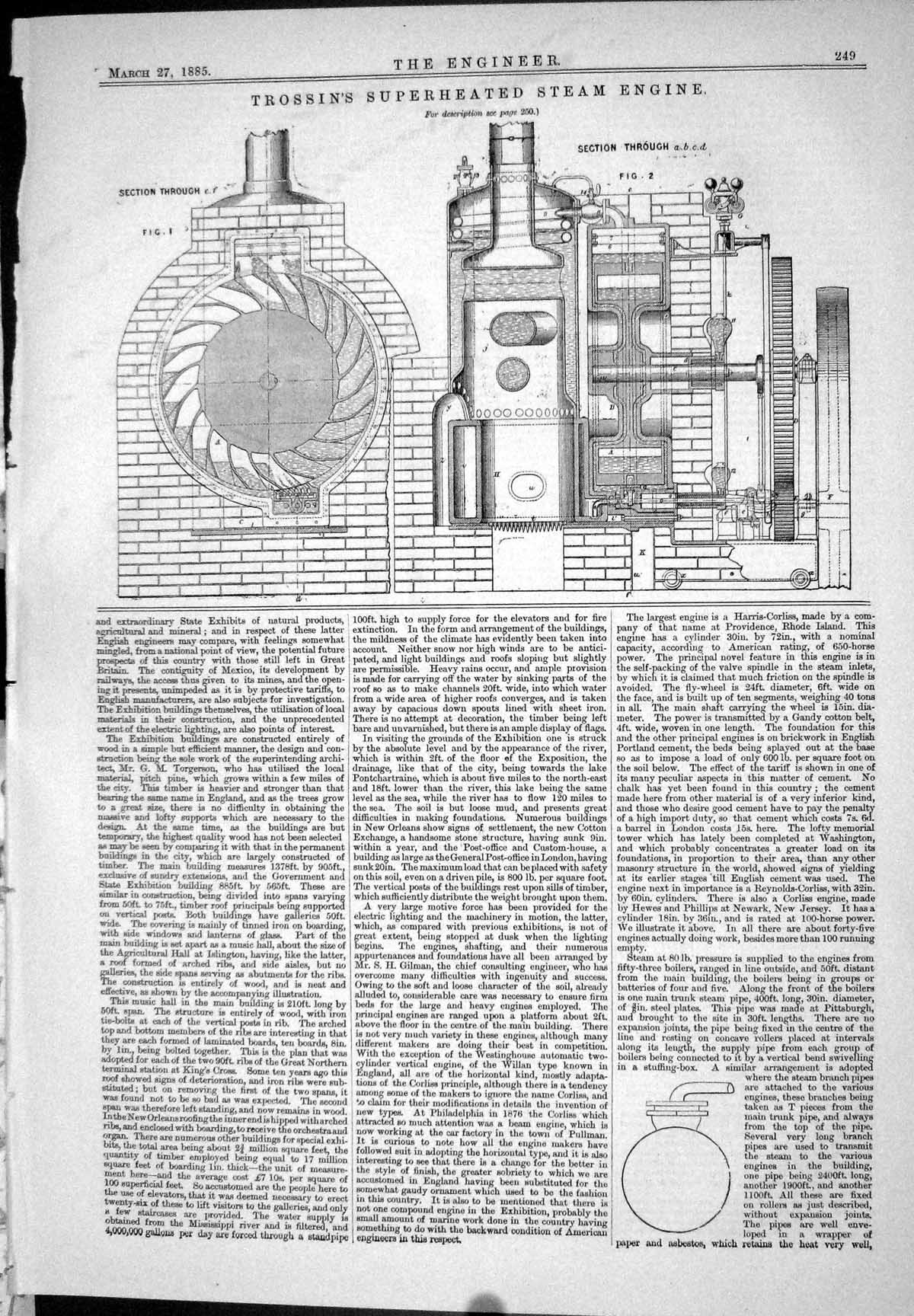 Old Print Trossin Superheated Steam Engine 1885 Machinery Section Through 19th