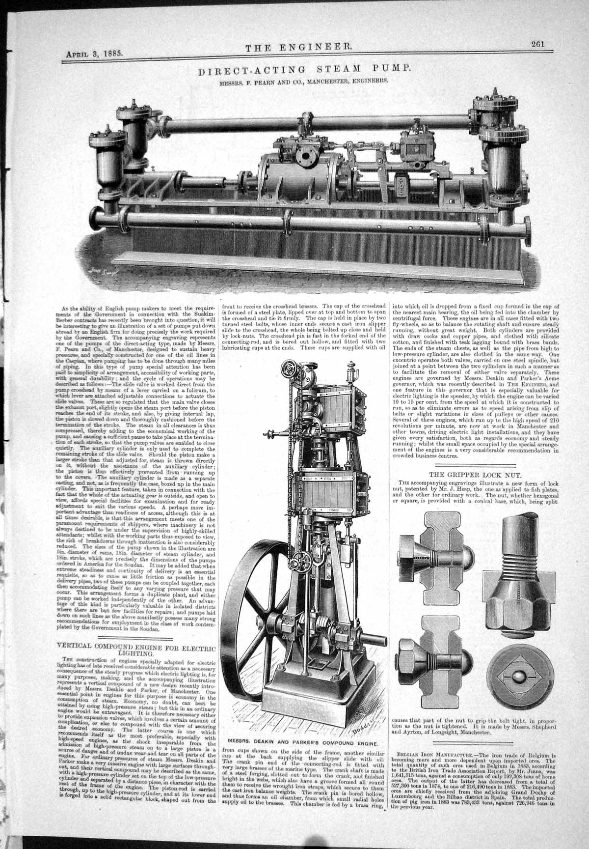 Old Print 1885 Direct-Acting Pump Pearn Deakin Parker Engine America Ship 19th