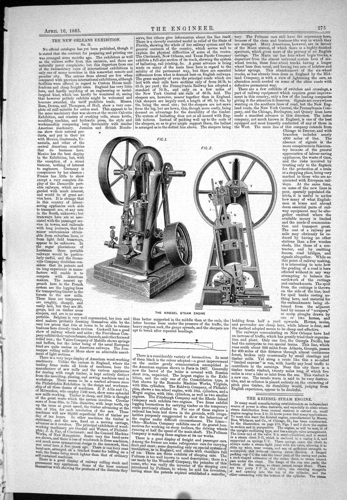Antique Old Print 1885 Kriebel Steam Engine Machinery New Orleans Exhibition