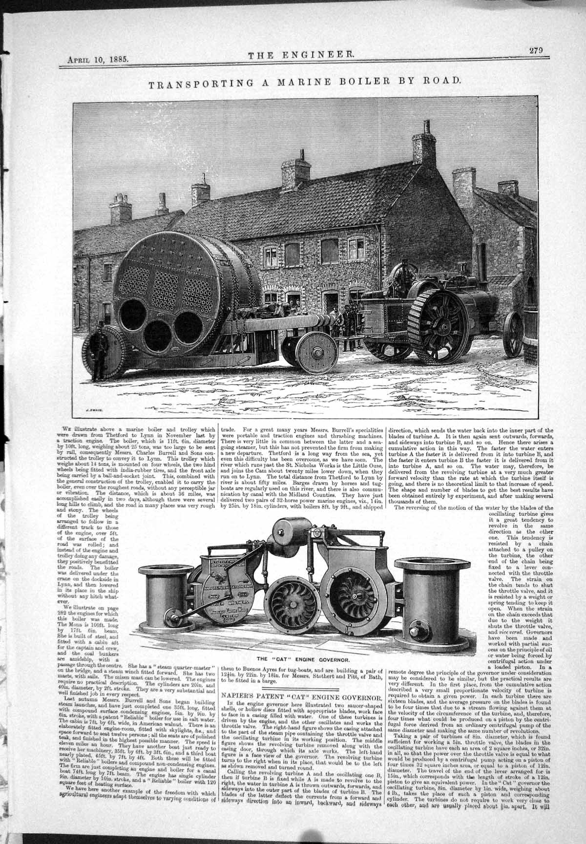 Antique Print 1885 Transporting Marine Boiler Cat Engine Governor Machinery