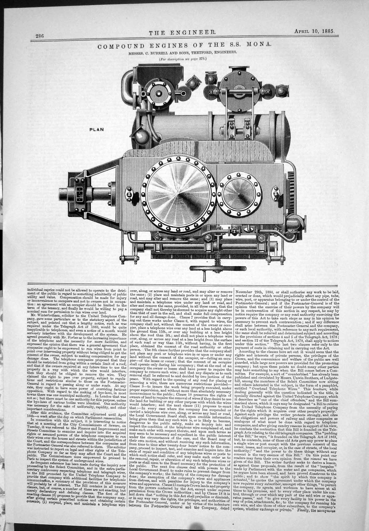 Old Print 1885 Compound Engines S.S. Ship Mona Burrell Thetford Machinery 19th