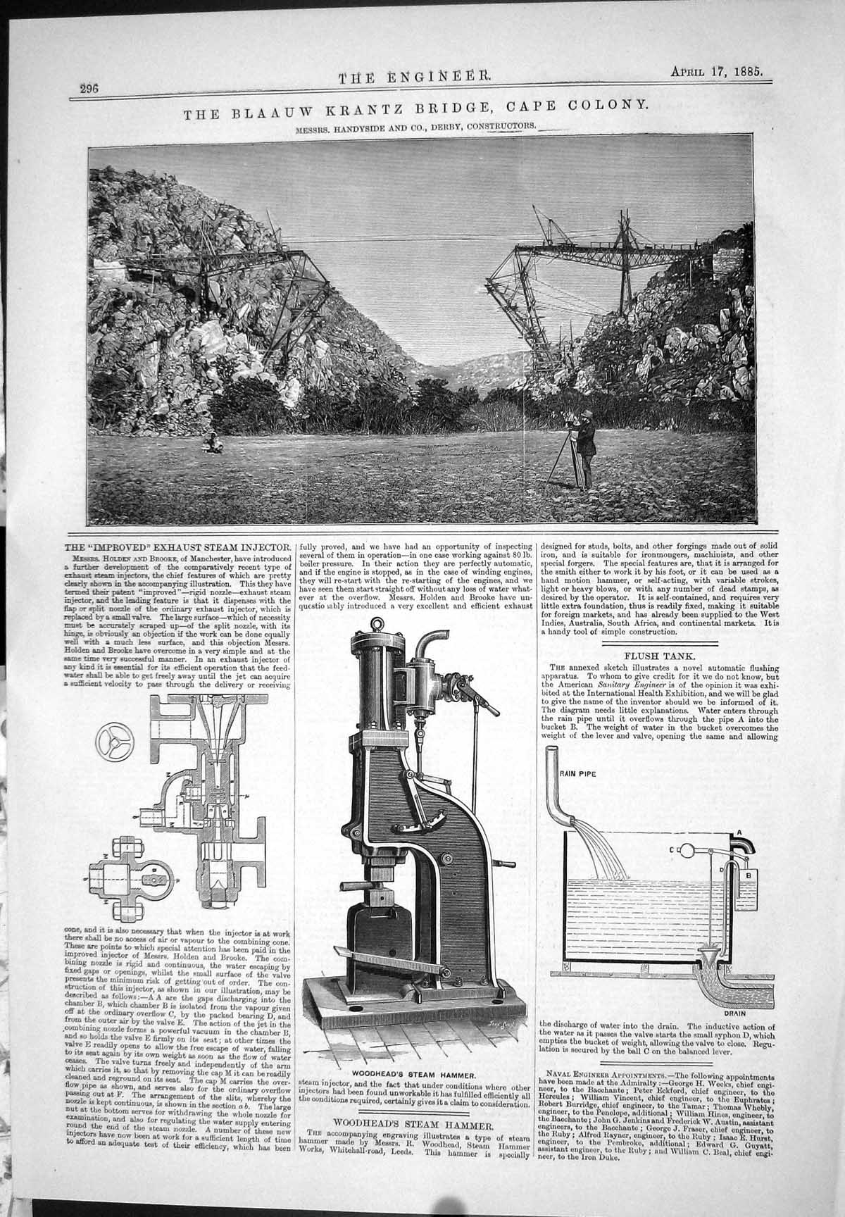 Old Print 1885 Blaauw Krantz Bridge Cape Colony Handyside Woodhead Hammer 19th
