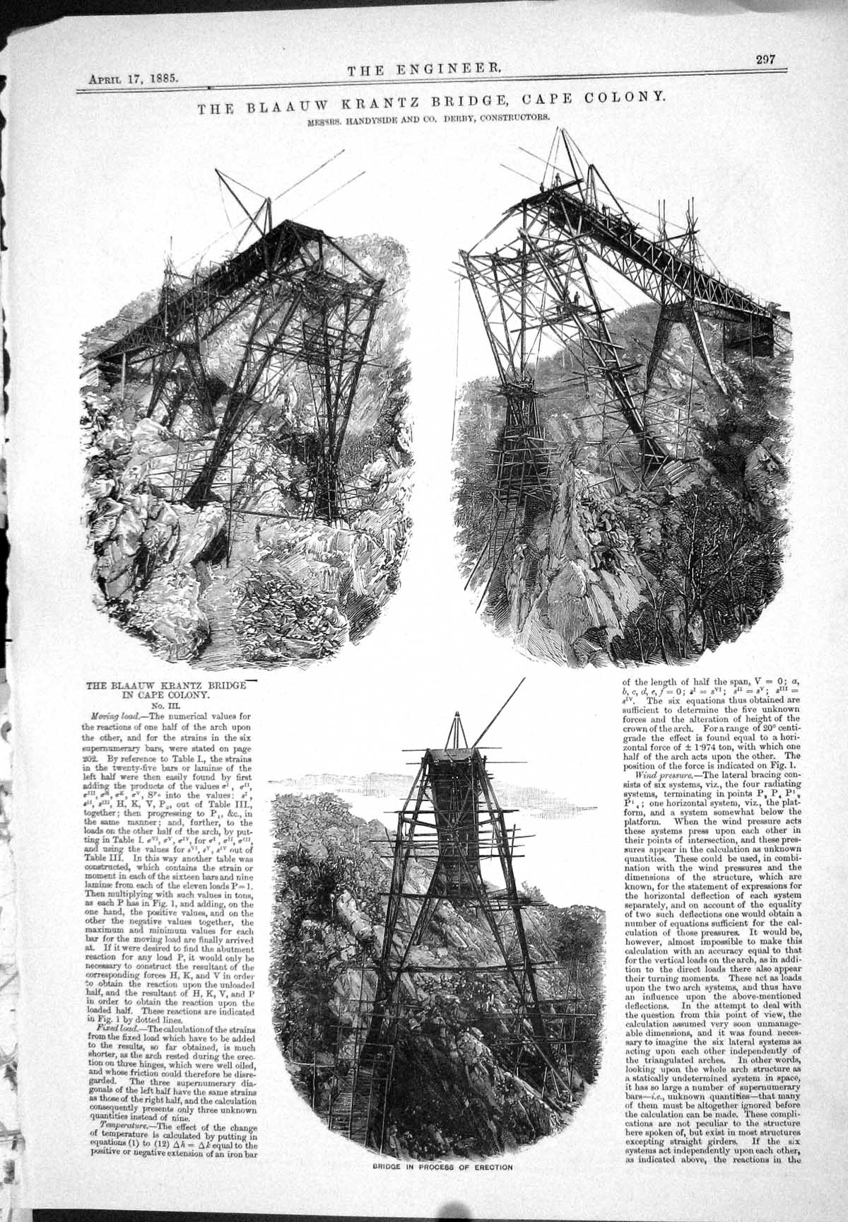 Old Print 1885 Blaauw Krantz Bridge Cape Colony Handyside Derby Plan Base 19th