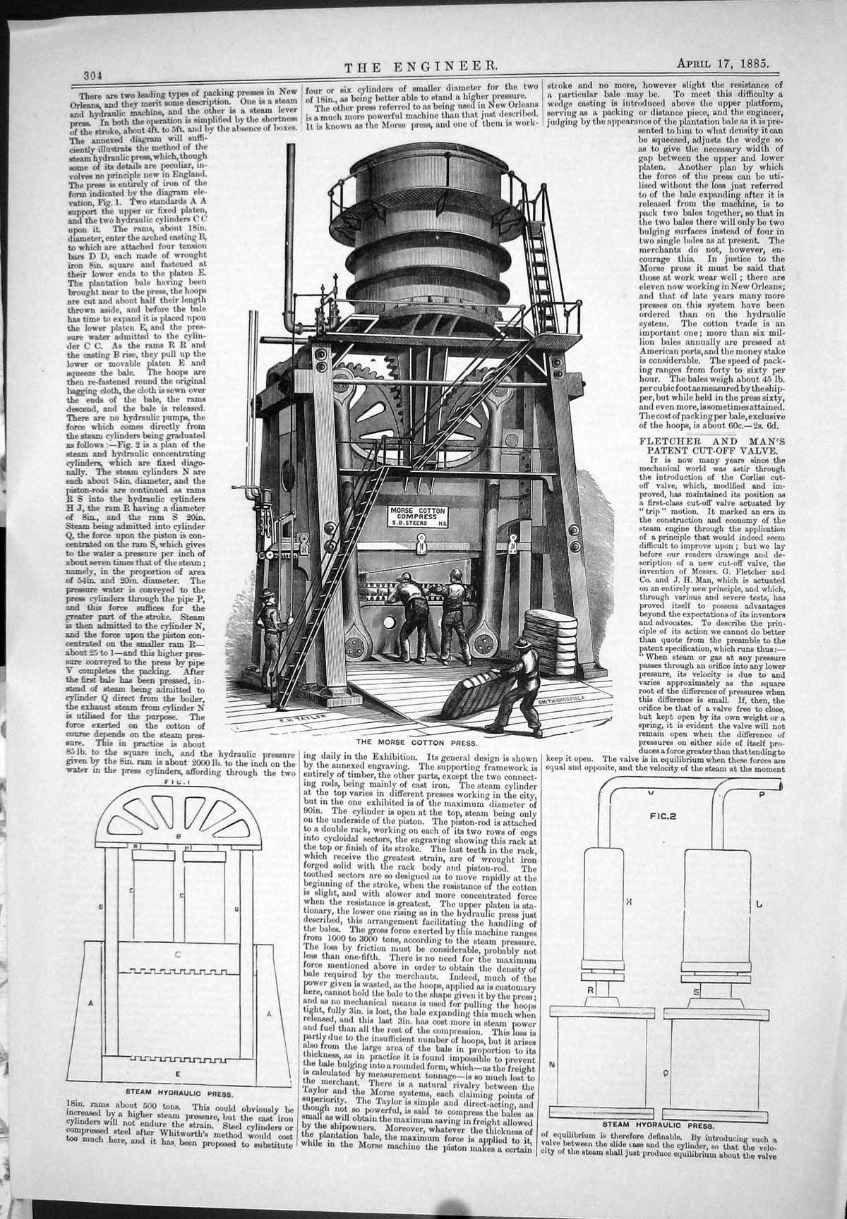 Old Engineering 1885 Morse Cotton Press Steam Hydraulic Press Machine Victorian