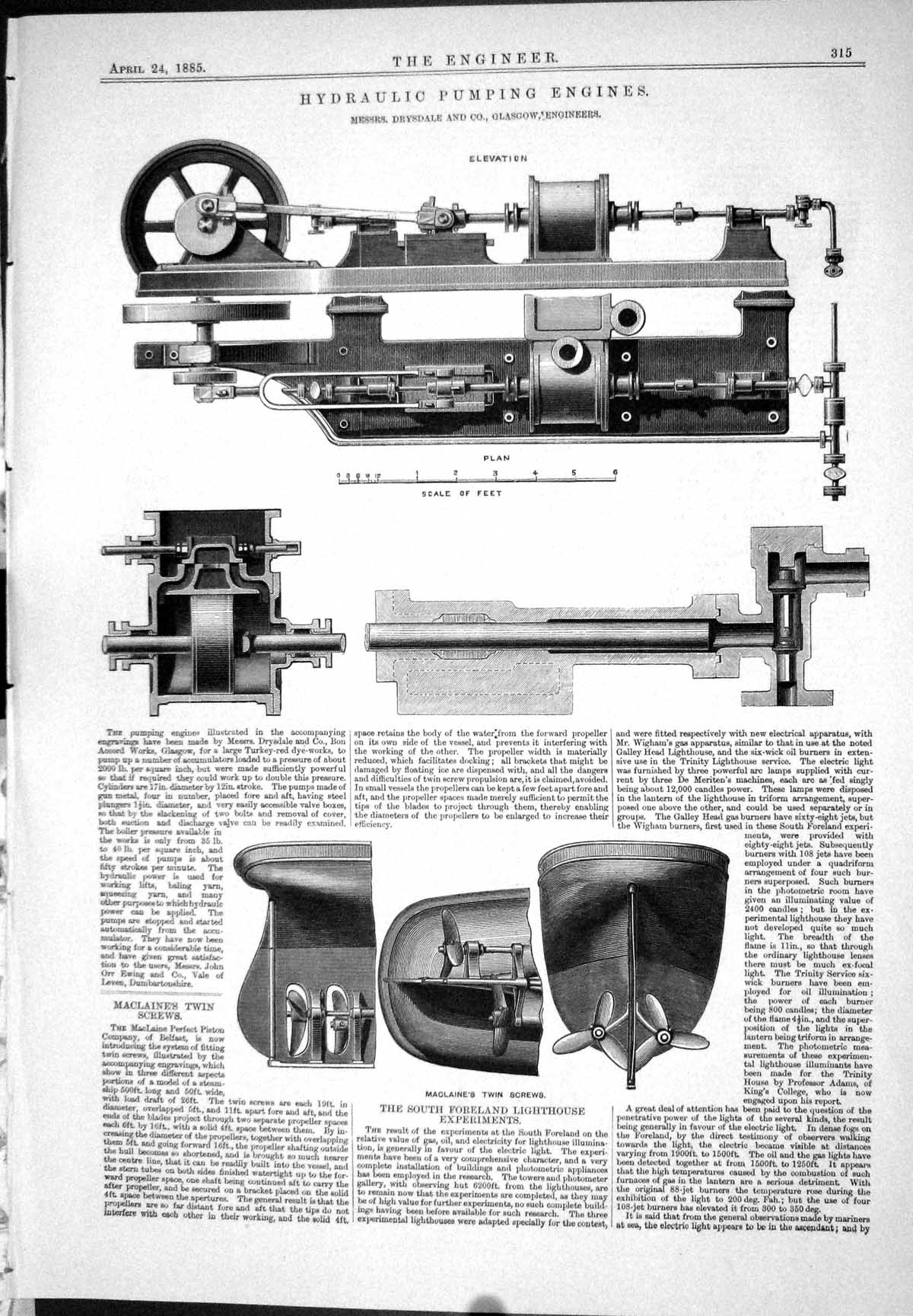 Antique Print 1885 Hydraulic Pumping Engine Drysdale Maclaine Screws Valves