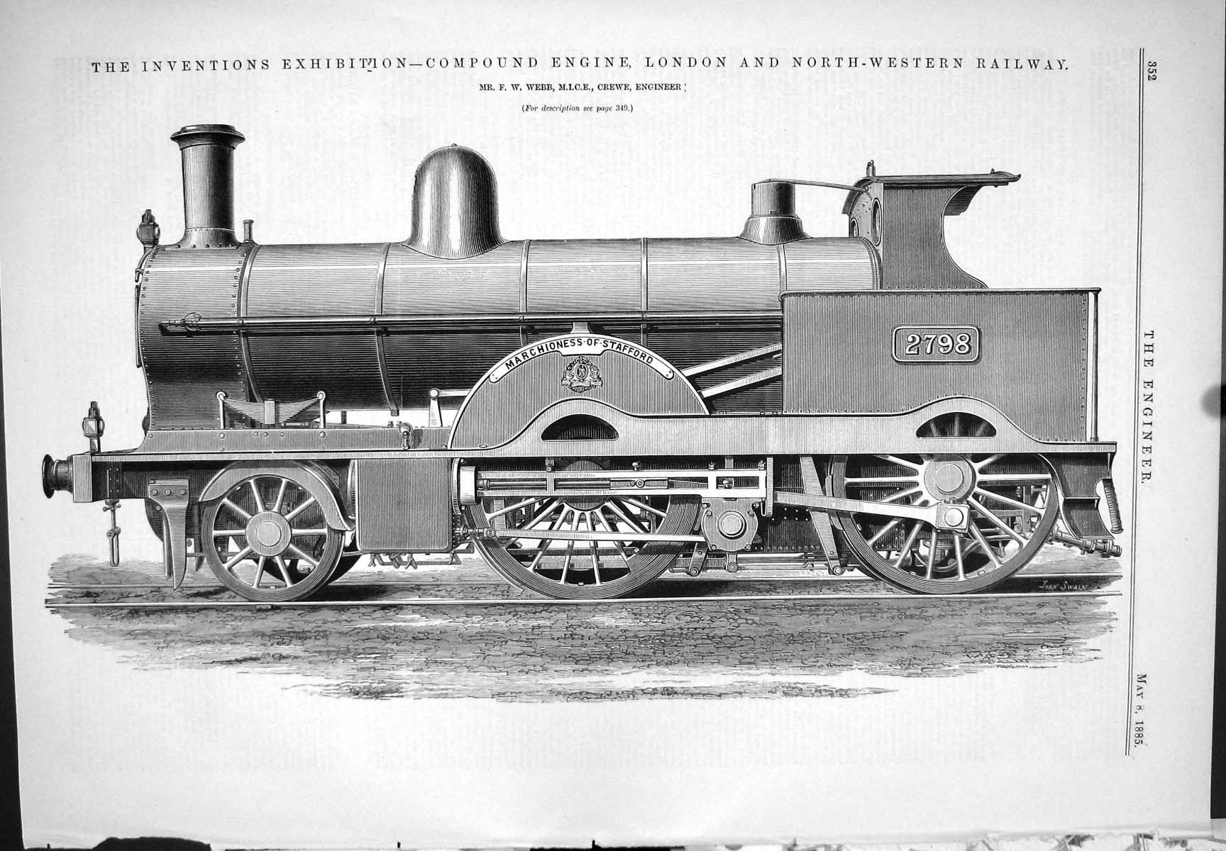 Antique Print Webb M.I.C.E. Crewe 1885 Compound Engine London Railway Train