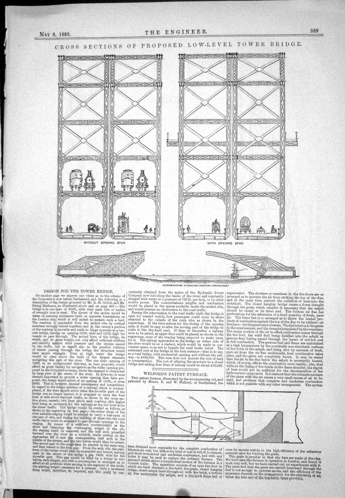 Antique Print 1885 Proposed Low-Level Tower Bridge Ordish Matheson Welford 19th