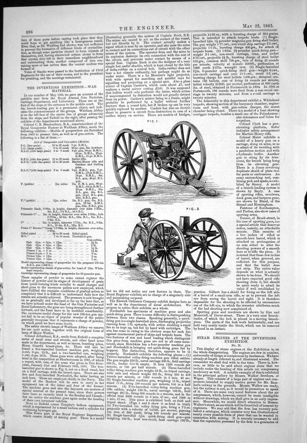 Original Old Antique Print Engineering 1885 Inventions Exhibition War Material