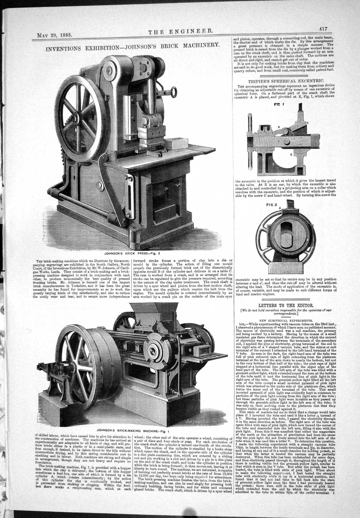 Antique Print 1885 Johnson Brick Machinery Press Steam Hammers Slide Valves