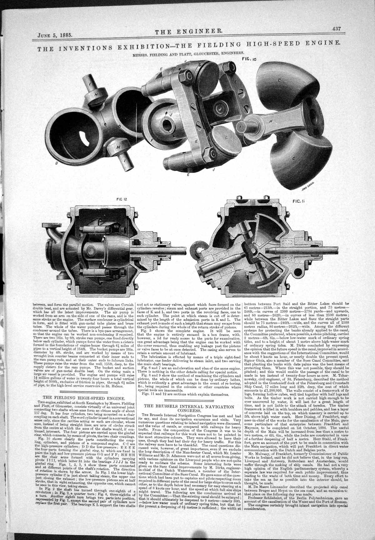 Antique Old Print 1885 Inventions Exhibition Fielding High-Speed Engine Platt