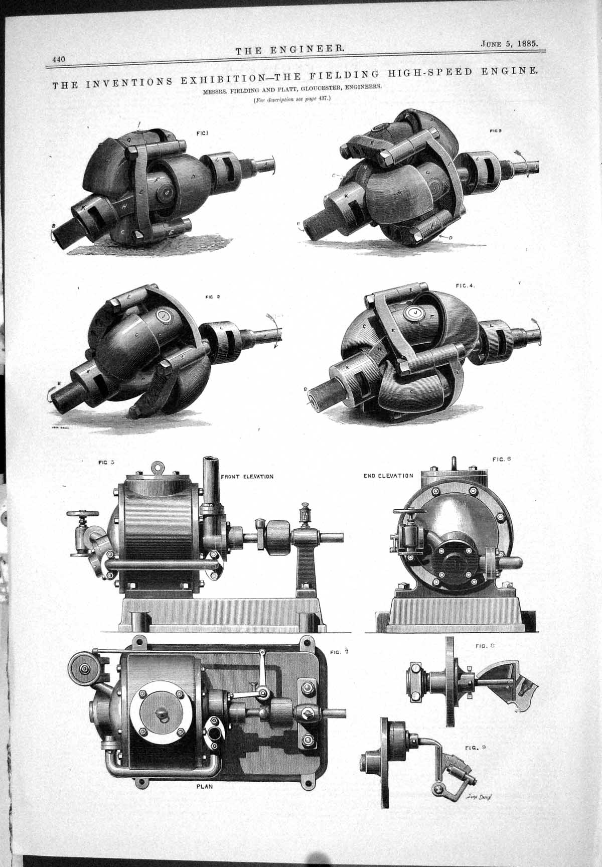 Antique Old Print 1885 Fielding High-Speed Engine Fielding Platt Swing Bridge