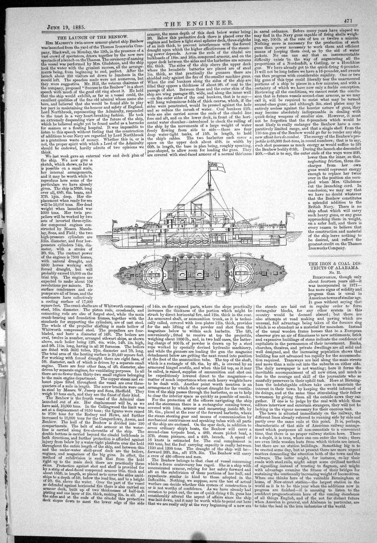 Old Print Engineering 1885 Launch Benbow Ship Diagrams Twin-Screw Armour- 19th