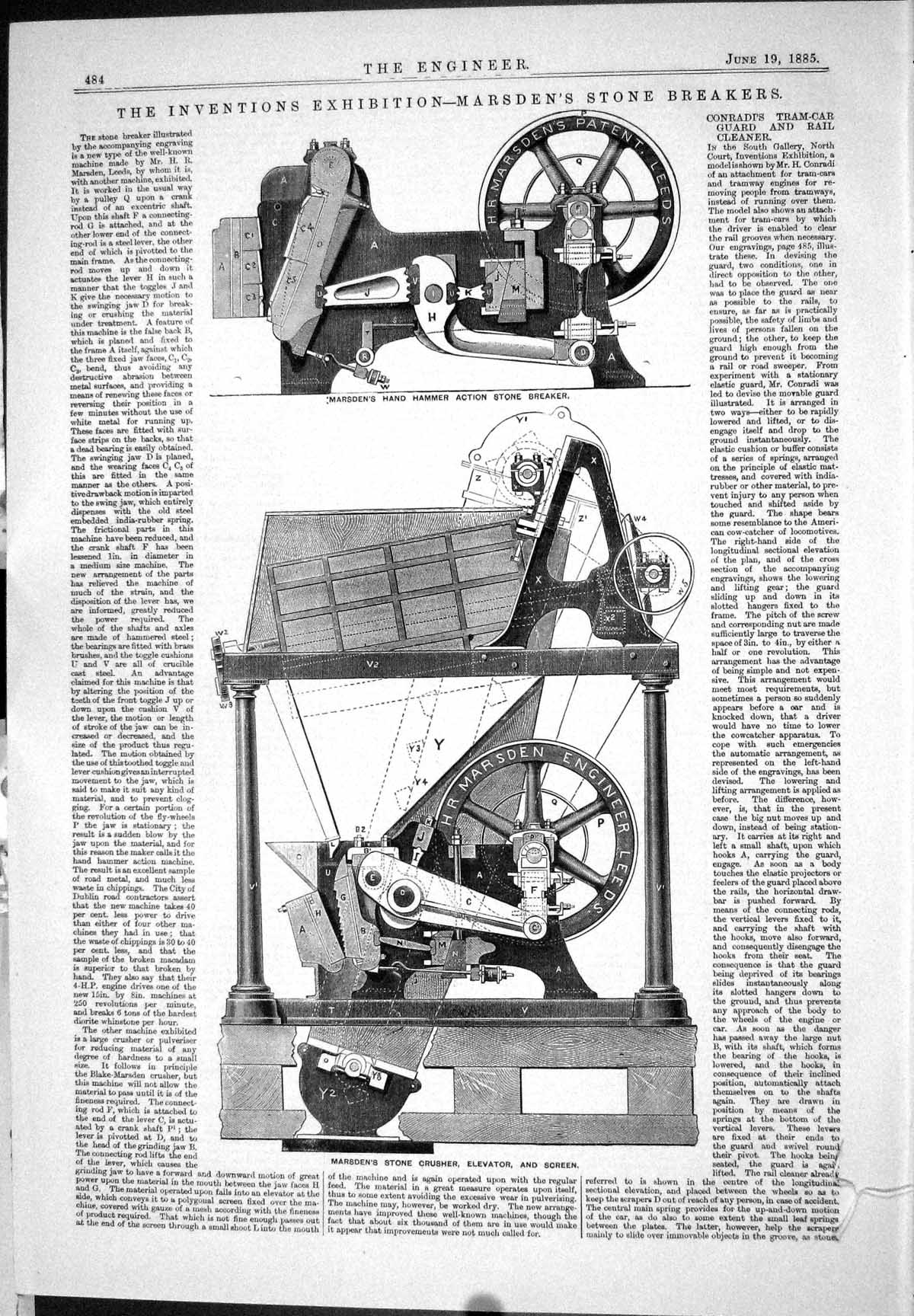 Antique Old Print 1885 Marsden Hammer Stone Crusher Elevator Screen Machinery
