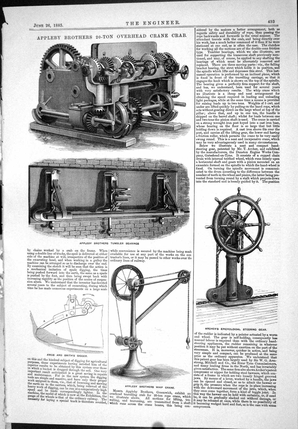 Old 1885 Appleby Brothers 20-Ton Overhead Crane Crab Whip Crane Amos Victorian